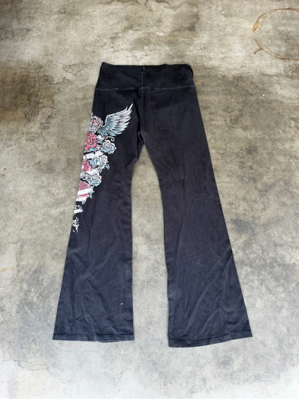 Y2K Rock & Rose Crown Graphic Rhinestone Print Fold-Over Flare Pants Woman’s M